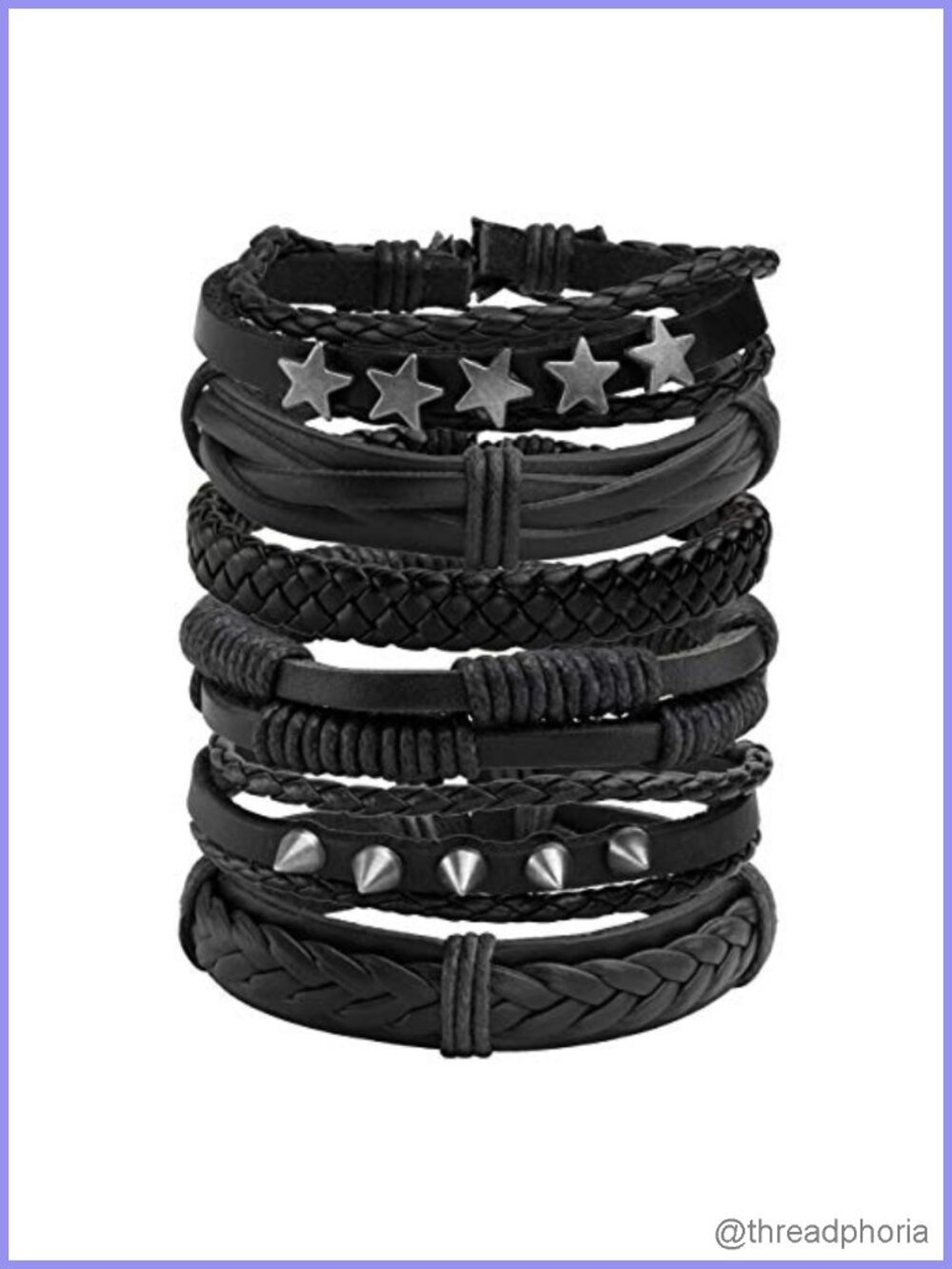 6-Pack Braided Faux Leather Punk Cuff Bracelets Adjustable Men Women